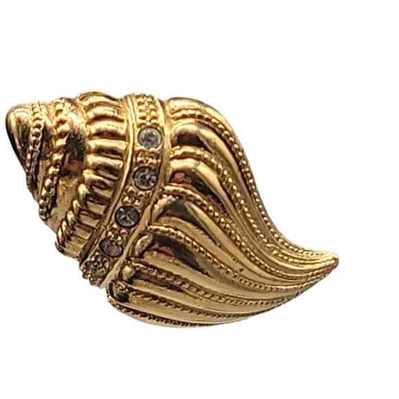 KjL Conch Shell Post Earrings Gold Tone For Avon Rhinestones Vintage 1980s - Picture 9 of 15